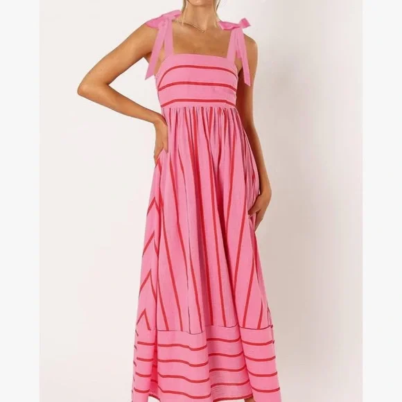 Pink and Red Stripped Maxi Dress with Ribbon Straps - Picture 2 of 4